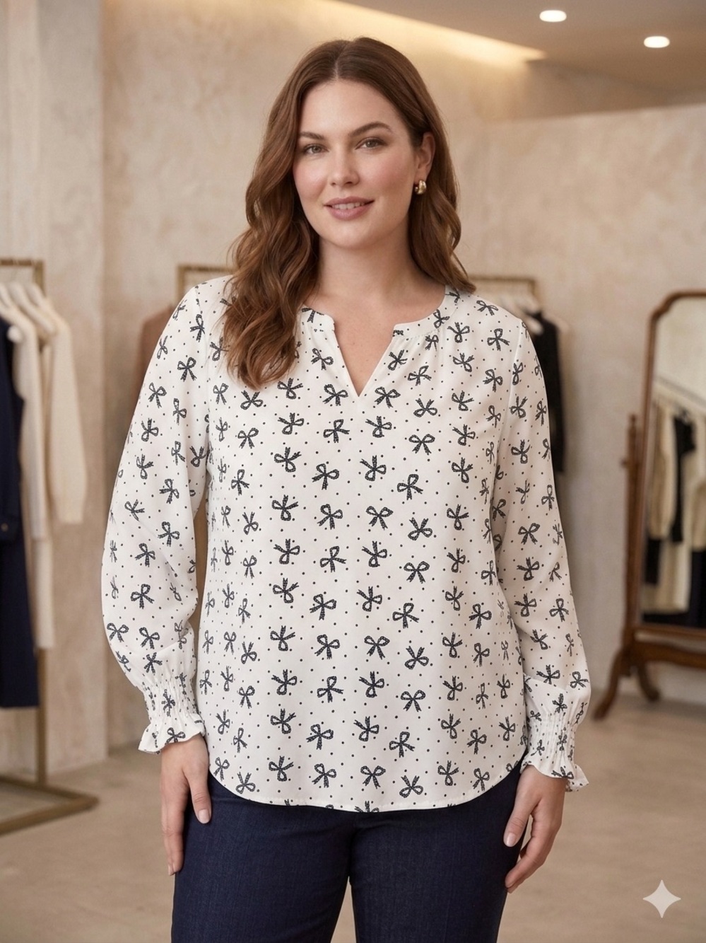 Talbots Bow & Polka Dot V-Neck Pullover Blouse Cream Black Smocked Cuff Large
